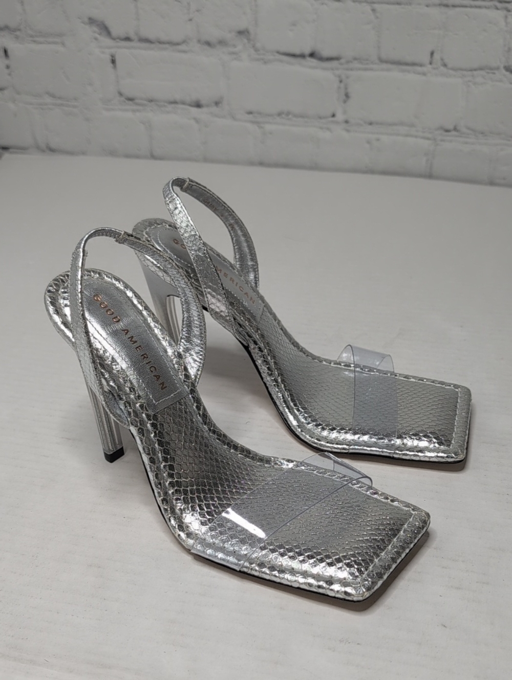 Good American Silver Metallic Slingback Square Toe Heels with Clear Toe Strap